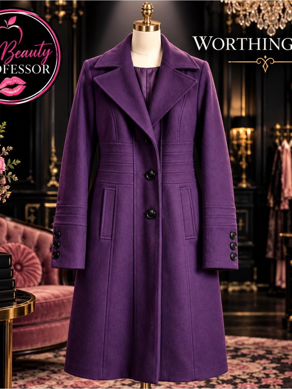 💕Worthington Purple Wool Blend Long Coat Large Tailored Peacoat